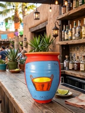 Handcrafted Mexican Loteria Theme Terracotta Cocktail Cup Cantarito 7 Inch EUC